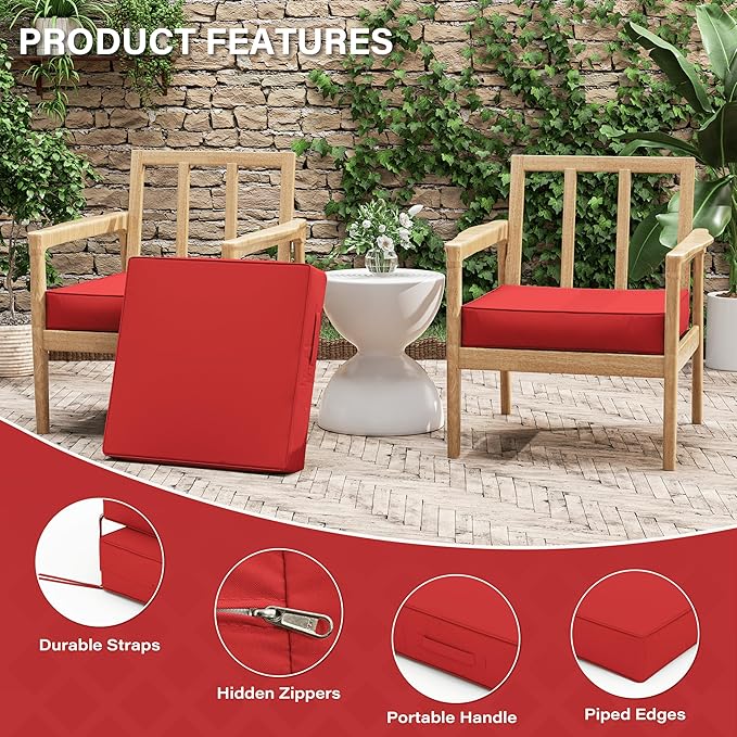 Patio Chair Cushions 22 X 22 X 4 Inch Waterproof Outdoor Seat Cushions for Patio Furniture, Outdoor Sofa Couch Pads with Ties & Handle, Set of 2, Red-VerdiqueGarden