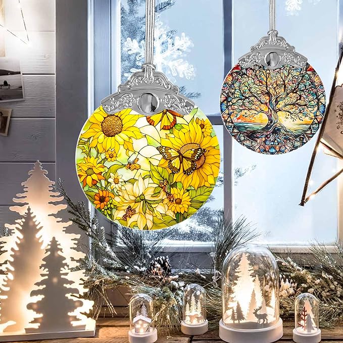 Stained Glass Suncatcher, Jocidea Sunflower and Butterfly Decor, Christmas Ornament, Holidays Ornaments, Christmas Tree Ornament, Sunflower and Butterfly Gifts-VerdiqueGarden