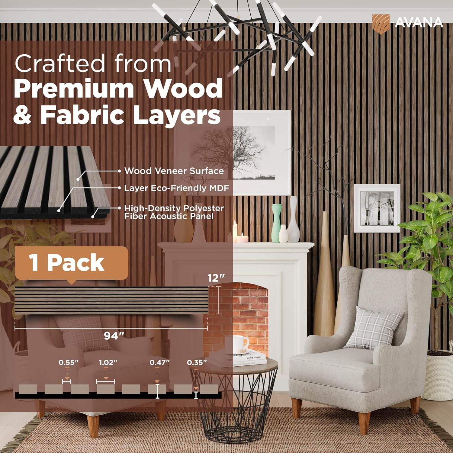 Avana Modern Acoustic Wood Wall Panels – 94.4 X 12.6 Inch Walnut Acoustic Panels 1 PC – Wall Panels For Interior Wall Decor For Homes, Offices, Studios – Sturdy And Durable Wood Panels For Wall-VerdiqueGarden