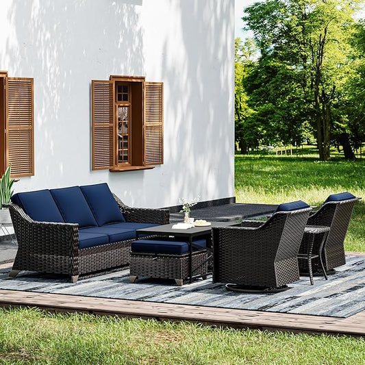 Joyside Wicker Patio Furniture Sets, 7 Pieces Upgraded Large Size Outdoor Furniture with Swivel Rocking Patio Chairs, 3-Seat Sofa, Outdoor Ottoman and Coffee Table, Thick Cushions, Wide Armrest-VerdiqueGarden