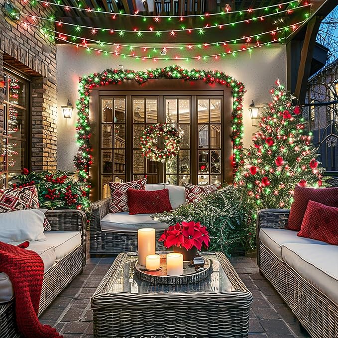 JMEXSUSS Connectable Red and Green Christmas Lights, 8 Modes 100 LED Twinkle String Lights Indoor, Clear Wire Plug-in String Lights Outdoor Waterproof-VerdiqueGarden