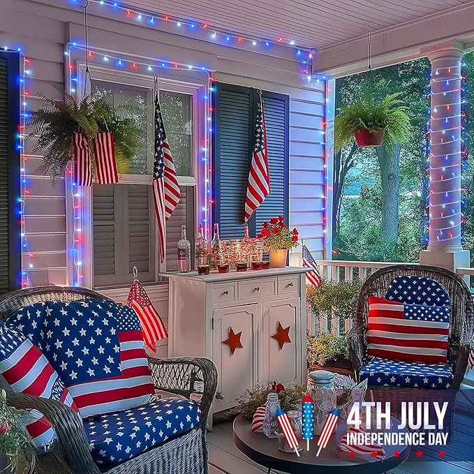 JMEXSUSS 4th of July Decorations Red White and Blue Lights, 33ft 100 LED String Light Indoor Plug-in, 8 Modes Patriotic 4th of July Lights for Indoor Outdoor Independence Day American Flag Holiday-VerdiqueGarden