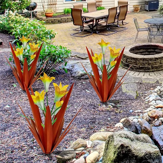 Homight Metal Agave Plant Outdoor Decoration Outdoor Garden Decoration Lily Mexican Yard Art Plant Garden Agave Lily Decorative Garden Gift… (2 Big Yellow Lilies)-VerdiqueGarden