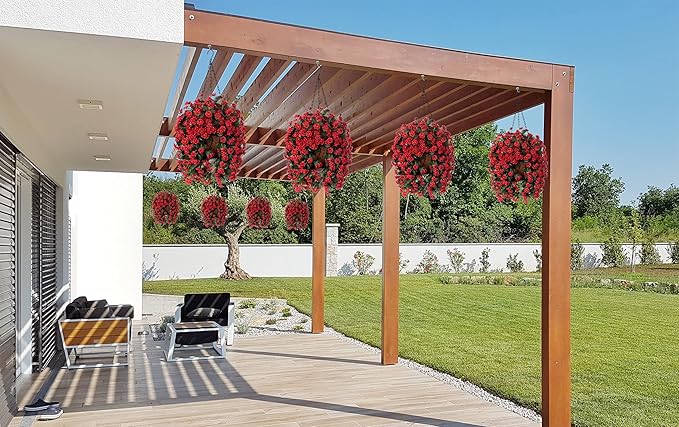 Hanging Baskets Artificial Flowers for Outdoor Interior Decor, Artificial Daisies Flowers Shrubs Plants with Baskets for Home Porch Garden Patio Patio Spring Summer Decor(Red)-VerdiqueGarden