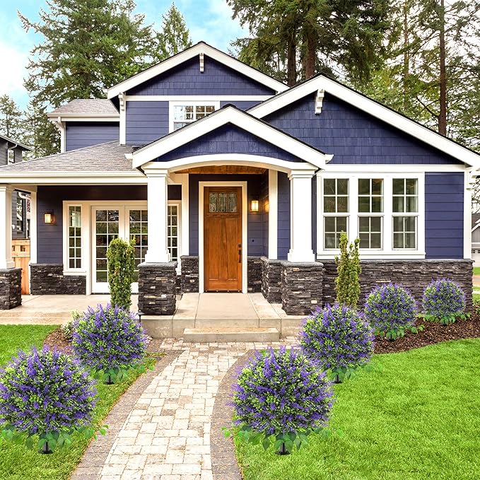 28" Artificial Boxwood Topiary Ball with Lavender, UV Resistant Topiary Tree Faux Boxwood Ball Shaped Porch Bushes with Ground Spike Artificial Bushes for Outdoors Front Door Decor Home Garden-VerdiqueGarden