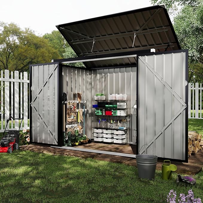 2 Trash Cans Metal Outdoor Storage, 3x6 FT Garbage Bin Storage Shed with Chain Lid, Garbage Can Metal Sheds for Garden, Backyard, Lawn and Patio-VerdiqueGarden