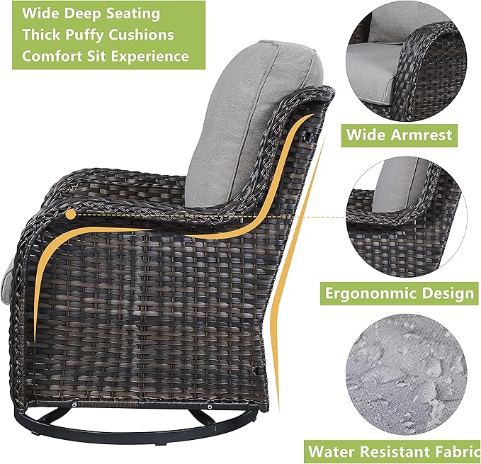 Outdoor Wicker Patio Furniture Set - 5 Piece Rattan Patio Conversation Set with 2 Rocking Swivel Chairs,2 Ottomans and 1 Loveseat for Porch Deck Backyard Garden(Brown/Grey)-VerdiqueGarden
