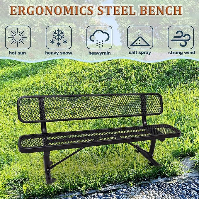 4/6/8 Feet Park Bench for Outside Heavy Duty Metal, Garden Benches Outdoor Bench with Backrest & Portable Frame, for Shopping Malls Stores Parks Patios Decks, Black-VerdiqueGarden