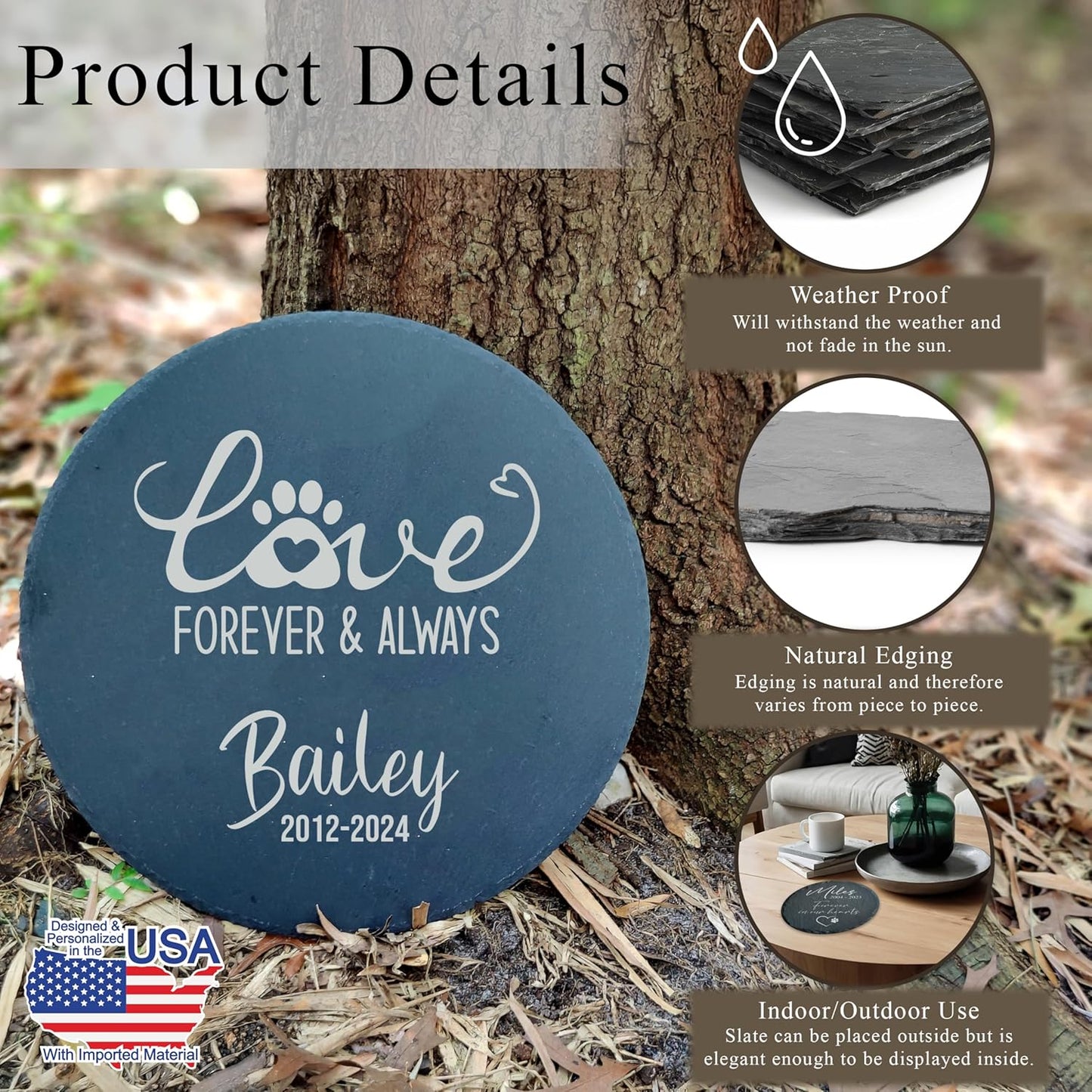 Personalized Pet Memorial Stone for Dogs and Cats | Custom Laser-Etched Weatherproof Garden Grave Marker | Natural Stone Bereavement Headstone Sympathy Gift | 4, 6, 10, or 12 Inch Heart or Circle Shape (A7)-VerdiqueGarden