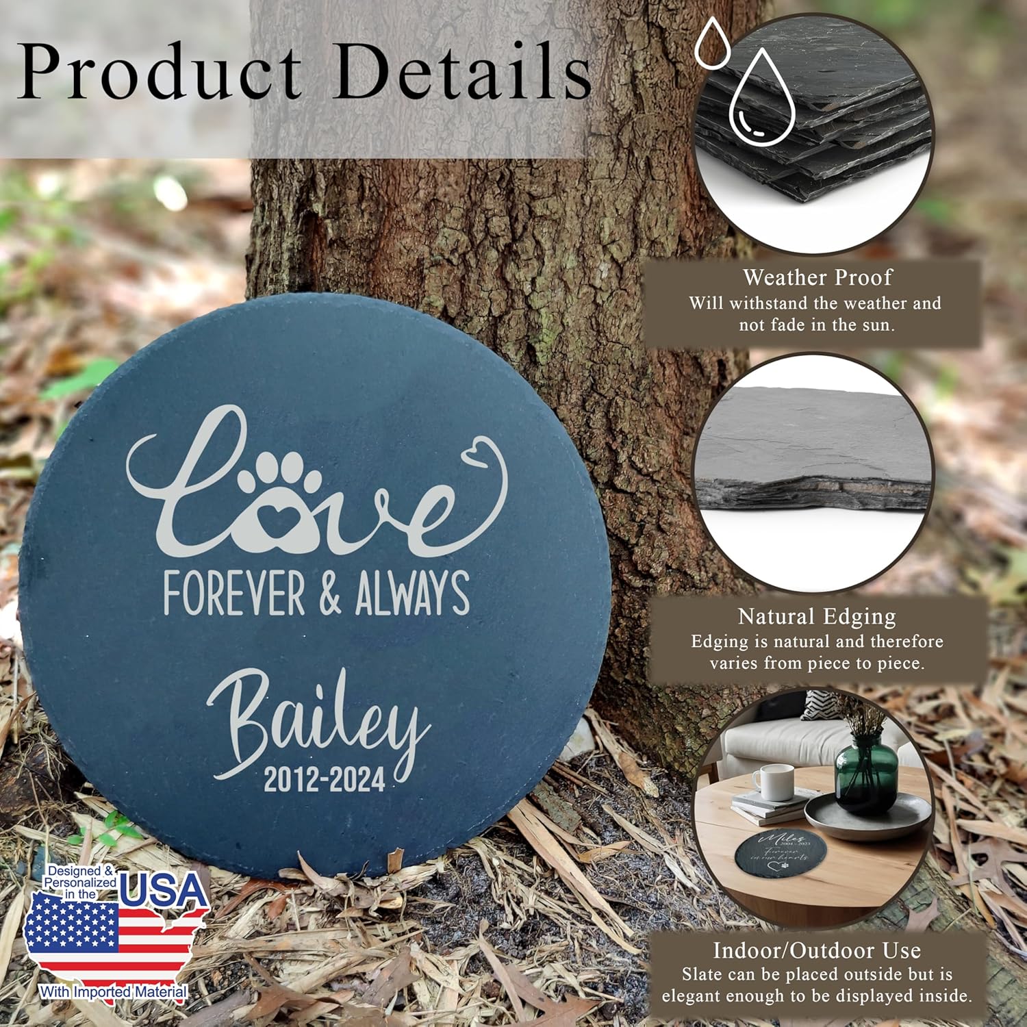 Personalized Pet Memorial Stone for Dogs and Cats | Custom Laser-Etched Weatherproof Garden Grave Marker | Natural Stone Bereavement Headstone Sympathy Gift | 4, 6, 10, or 12 Inch Heart or Circle Shape (A7)-VerdiqueGarden