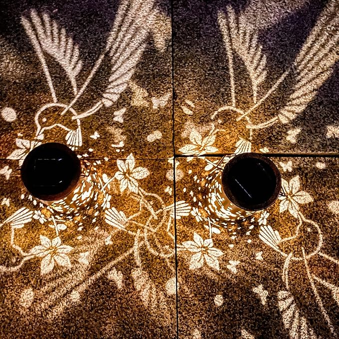 2 Pack Hummingbird Solar Lanterns Outdoor Hanging Lantern Lights, Hollowed-Out Metal Decor Lantern-VerdiqueGarden