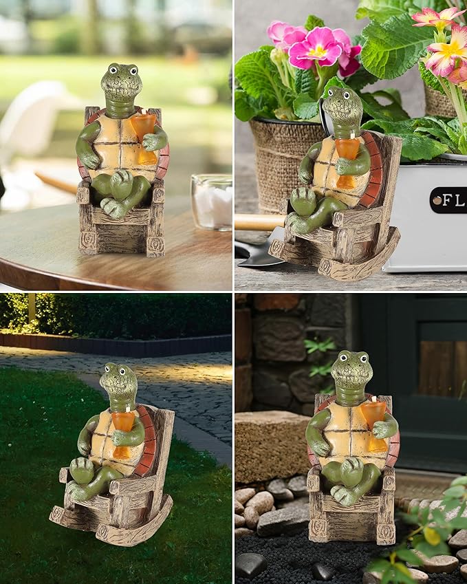 iStatue Solar-Powered Turtle Figurine Light with Glowing Cup - 5.5 in Lifelike LED Decorative Lamp for Outdoor Ambiance - Patio Table, Yard & Garden Decor (Turtle)-VerdiqueGarden