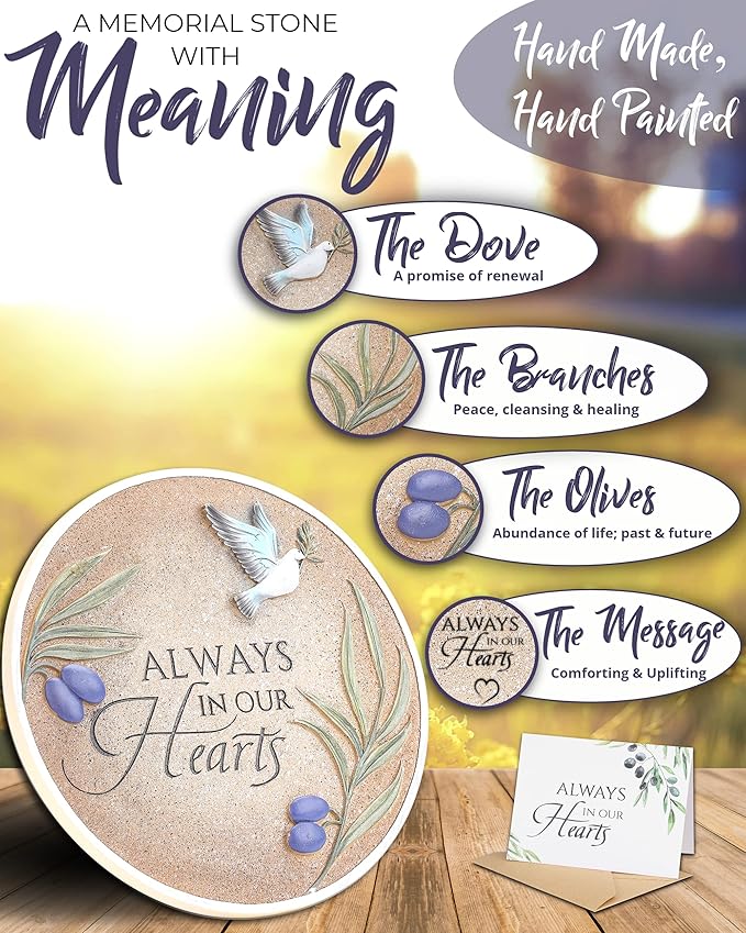 10-Inch Garden Memorial Stone with Included Plaque Stand & Sympathy Card, Memorial Plaques for Outdoors with Peace Dove Amongst Olive Branches, Memorial Stepping Stone for Loss of Loved One-VerdiqueGarden