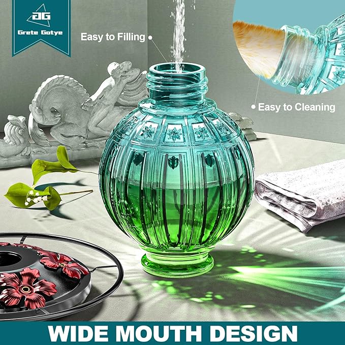 Glass Hummingbird Feeder for Outdoors Hanging, Bird Nectar Feeder with Perch & 5 Flower Feeding Ports, 26 Oz Leak Proof for Outside Garden Decor Backyard, Gifts for Women Mom, Green & Blue-VerdiqueGarden