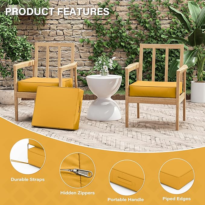 Patio Chair Cushions 18.5 X 16 X 4 Inch Waterproof Outdoor Seat Cushions for Patio Furniture, Outdoor Sofa Couch Pads with Ties & Handle, Set of 2, Yellow-VerdiqueGarden