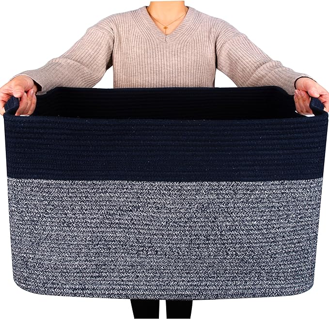 MINTWOOD Design 22in Extra Large Blanket Basket Holder for Living Room, Rectangle Rope Woven Storage Bin with Handles for Laundry, Pool Towels, and Shoes, Dog Toy Box Organizer, Navy Blue-VerdiqueGarden