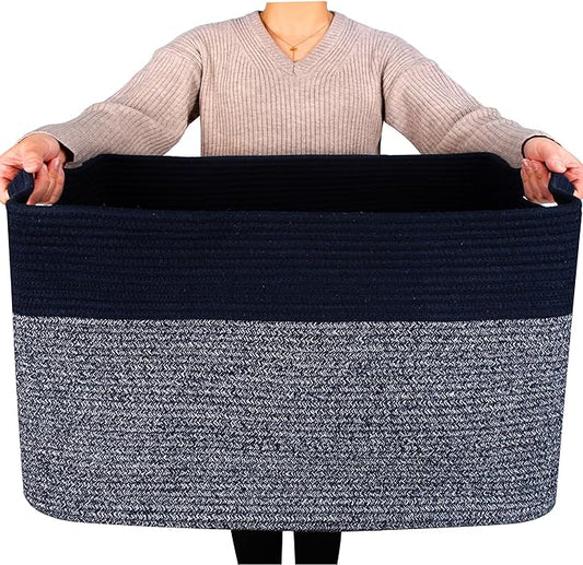 MINTWOOD Design 22in Extra Large Blanket Basket Holder for Living Room, Rectangle Rope Woven Storage Bin with Handles for Laundry, Pool Towels, and Shoes, Dog Toy Box Organizer, Navy Blue-VerdiqueGarden