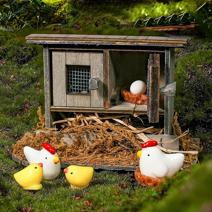 Hiawbon Miniature Retro Wooden Chicken Coop Mini Family Chicken,Hen,Chick,Egg,Chicken Nest Ornament Micro Landscape Fairy Garden Decor-VerdiqueGarden