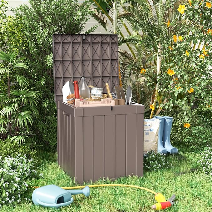 40 Gallon Resin Deck Box, Lockable Patio Outdoor Storage Box for Furniture, Garden Tools and Tools Storage, Waterproof Outside Storage Boxes - Grey-VerdiqueGarden
