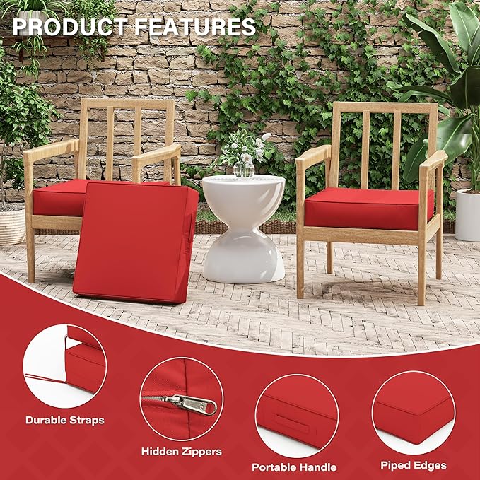 Patio Chair Cushions 19 X 19 X 4 Inch Waterproof Outdoor Seat Cushions for Patio Furniture, Outdoor Sofa Couch Pads with Ties & Handle, Set of 2, Red-VerdiqueGarden
