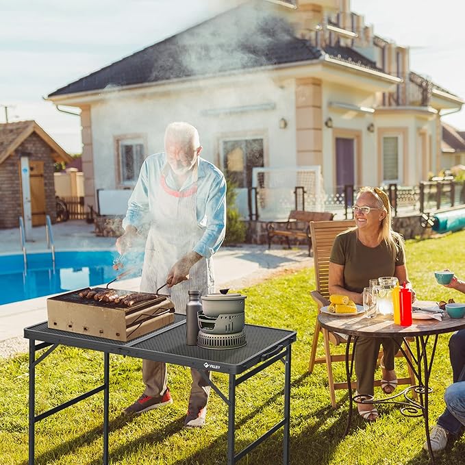 VILLEY Grill Table, 3ft Folding Camping Table with Aluminum Adjustable Legs, Portable Lightweight Camp Table for Beach Picnics and Outdoor Cooking-VerdiqueGarden