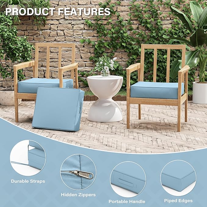 Patio Chair Cushions 18.5 X 16 X 4 Inch Waterproof Outdoor Seat Cushions for Patio Furniture, Outdoor Sofa Couch Pads with Ties & Handle, Set of 2, Light Blue-VerdiqueGarden