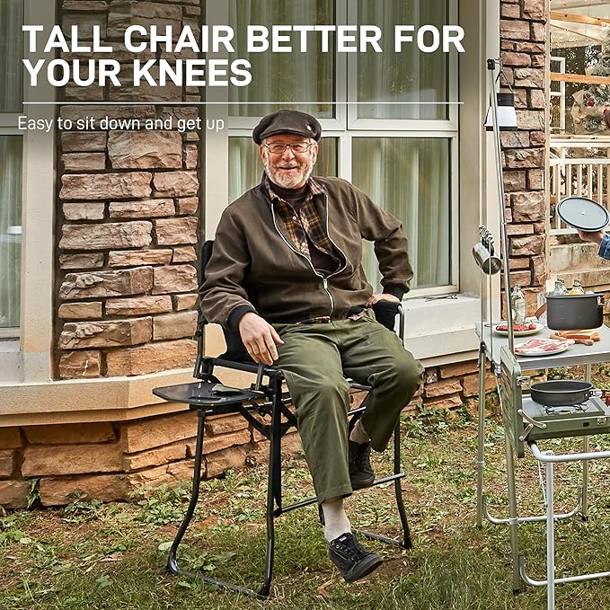 EVER ADVANCED Portable 30.7" Seat Height Tall Folding Camping Chair Directors Chair High Foldable Bar Stool with Side Table for Makeup Artist, Sports Event, Craft Show, Supports 350LBS Black Grey-VerdiqueGarden