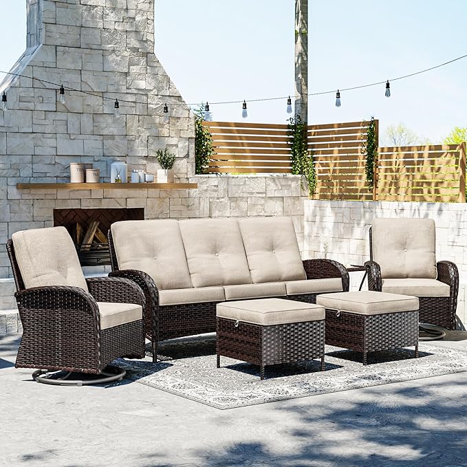 Joyside 6 Piece Patio Furniture Set, Outdoor Wicker Conversation Sets with Swivel Rocker Chairs and Sofa, Thick Cushion, Rattan Patio Sectional for Porch, Deck Use (Brown/Beige, 6 PCS)-VerdiqueGarden