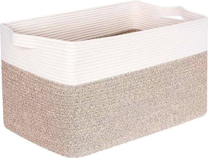 MINTWOOD Design 22in Extra Large Blanket Basket Holder Living Room, Rectangle Rope Woven Storage Basket with Handles for Laundry, Pool Towels, and Shoes, Dog Toy Organizer Bin Box, Light Brown-VerdiqueGarden