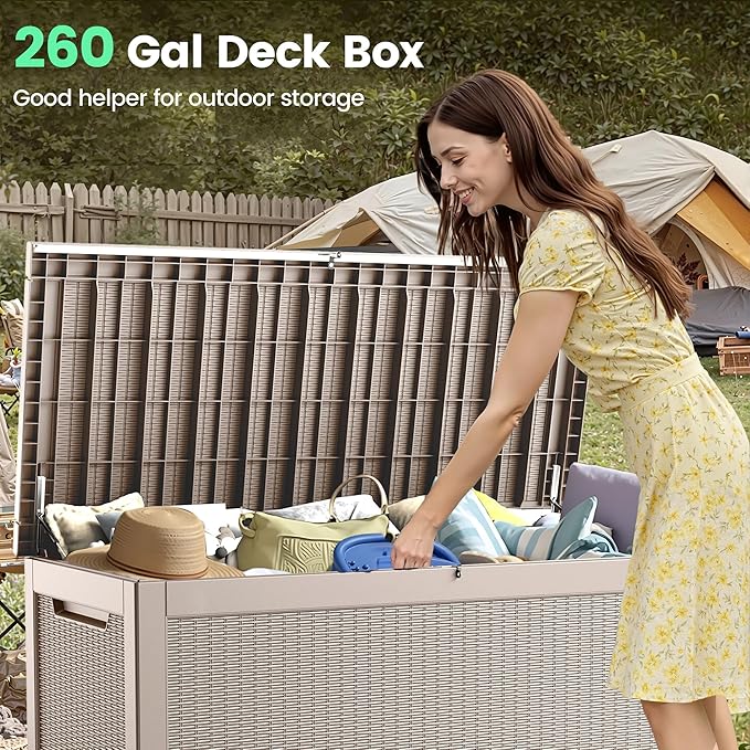 260 Gallon Storage Box, Waterproof Resin Deck Box with Steel Support & Hydraulic Rod, Lockable Storage Bench for Indoor & Outdoor Use, Storage Bin for Patio Cushions, Garden Tools, Grey-VerdiqueGarden