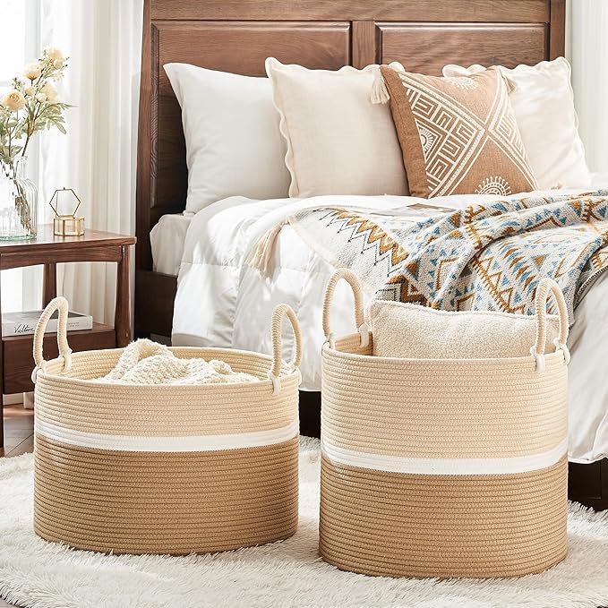 KAKAMAY Large Blanket Basket (20"x13"),Woven Baskets for storage Baby Laundry Hamper, Cotton Rope Blanket Basket for Living Room, Laundry, Nursery, Pillows, Baby Toy chest (White and Brown)-VerdiqueGarden