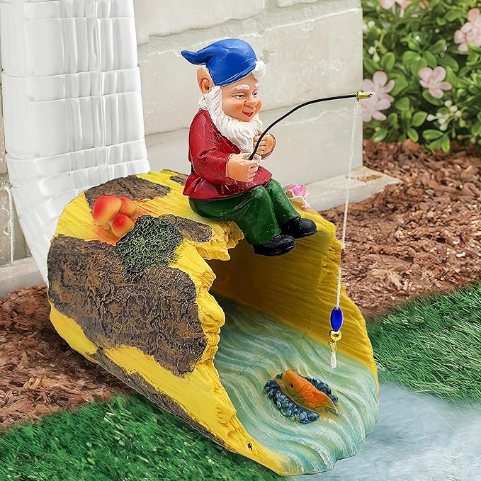 Gnome Fishing 3" x 4" Gutter Downspout Splash Block Decor, Outdoor Garden Animal Statue & Sculpture, Weather-Resistant Gutter Diverter Rain, Decorative Gutter Extension Downspout Ornament-VerdiqueGarden