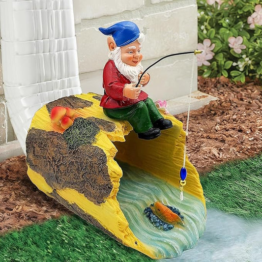 Gnome Fishing 3" x 4" Gutter Downspout Splash Block Decor, Outdoor Garden Animal Statue & Sculpture, Weather-Resistant Gutter Diverter Rain, Decorative Gutter Extension Downspout Ornament-VerdiqueGarden