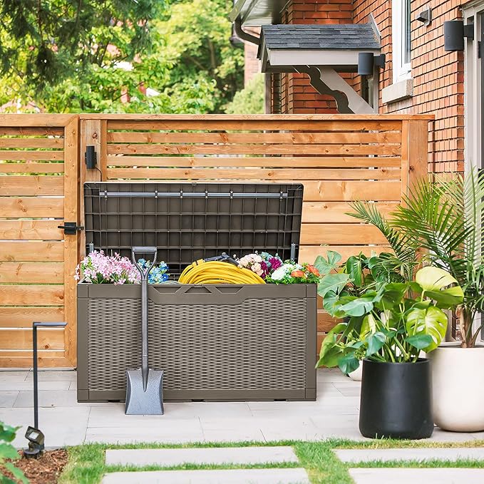 Devoko 100 Gallon Deck Box, Waterproof Resin Outdoor Storage Box with Cushion for Outside, Large Outdoor Storage Bench Cabinet Lockable for Patio Furniture and Garden Tools (Brown)-VerdiqueGarden