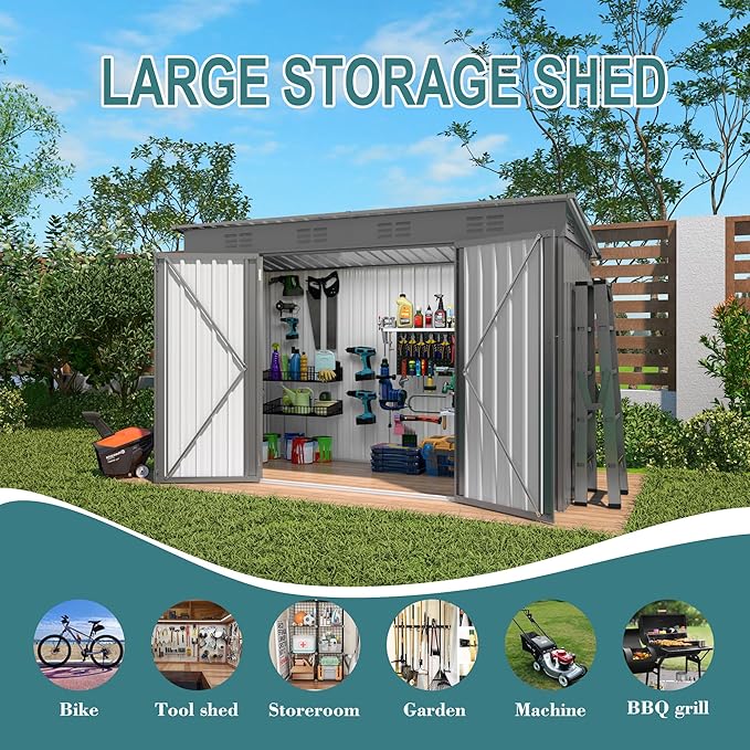 4 * 9.2 * 6 FT Outdoor Storage Shed, Galvanized Steel Garden Shed with Lockable Door & Window, Waterproof Metal Tool Storage for Garden, Backyard, Patio, Lawn(Gray)-VerdiqueGarden