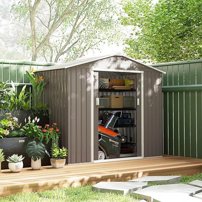Outsunny 7' x 4' Outdoor Storage Shed, Garden Tool Metal Shed with Foundation Kit, Double Lockable Door, Air Vents and Sloping Roof, for Backyard, Patio, Lawn, Gray-VerdiqueGarden