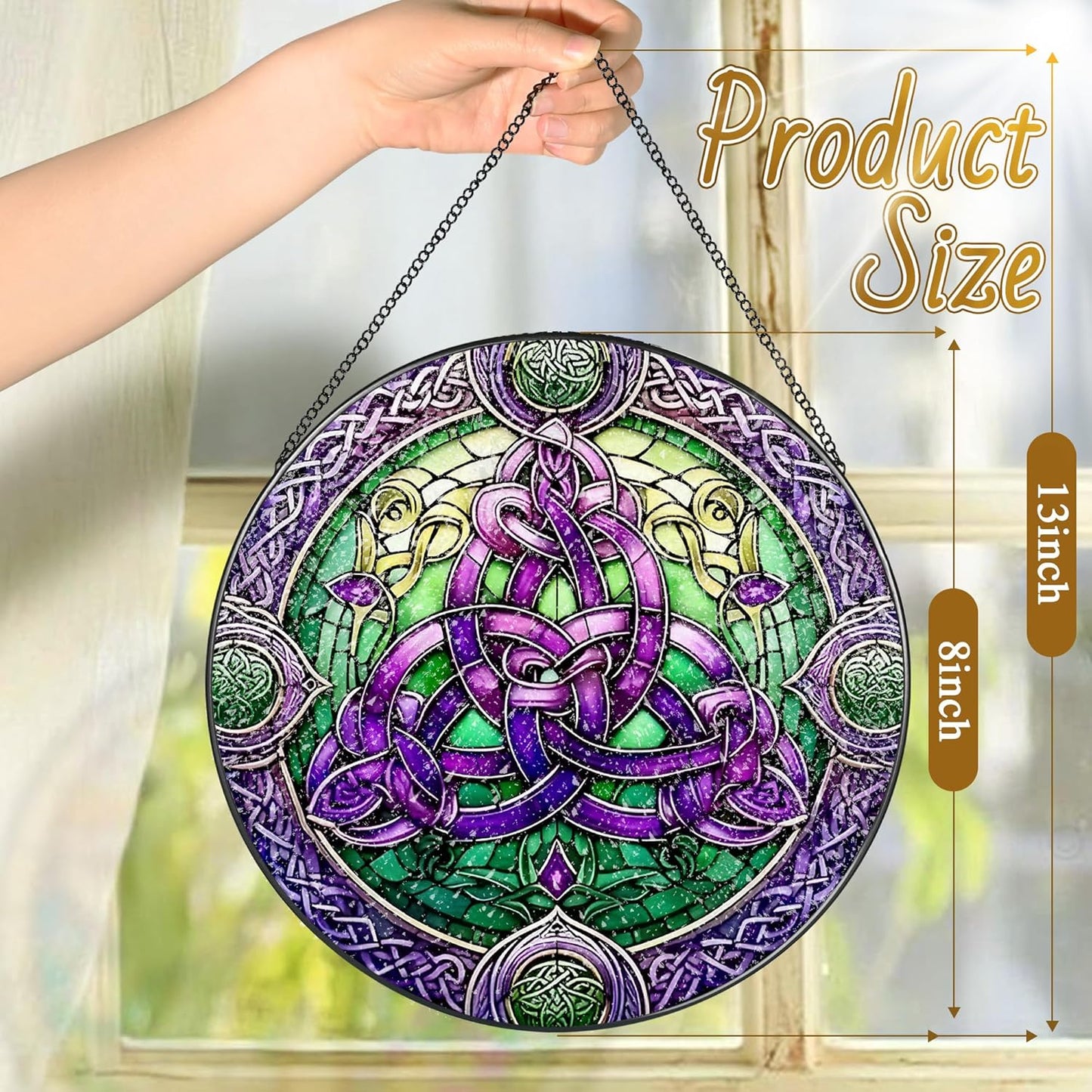 Stained Glass Window Hanging, LAOWEIKI 8'' Celtic Knot Suncatcher, Stained Glass Ornament, Suncatchers for Windows Hanging, Window Decor, Outdoor or Indoor, Gifts for Friends, Women, Art Lover-VerdiqueGarden