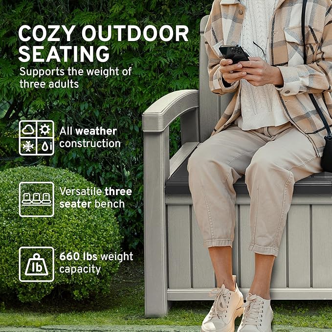 EconoHome 3 Seat Outdoor Storage Bench - 90 Gallon Capacity - Weatherproof Resin Bench for Patio, Porch, Garden, Yard, Pool Area - Furniture for Pool Accessories, Gardening Tools, Toys-VerdiqueGarden