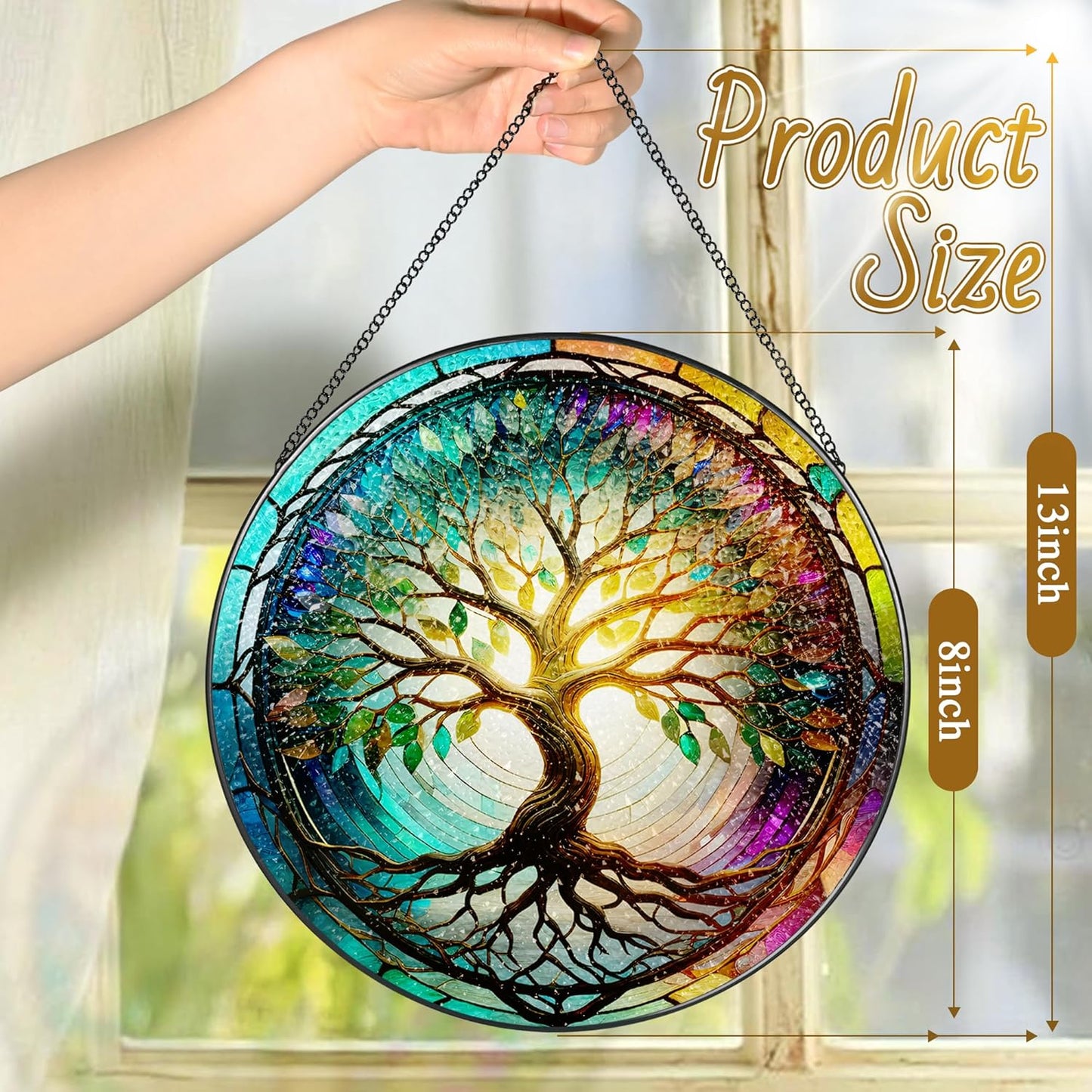 Stained Glass Window Hanging, LAOWEIKI 8'' Tree of Life Suncatcher, Stained Glass Ornament, Suncatchers for Windows Hanging, Window Decor, Outdoor or Indoor, Gifts for Mom, Grandma, Wife, Family-VerdiqueGarden