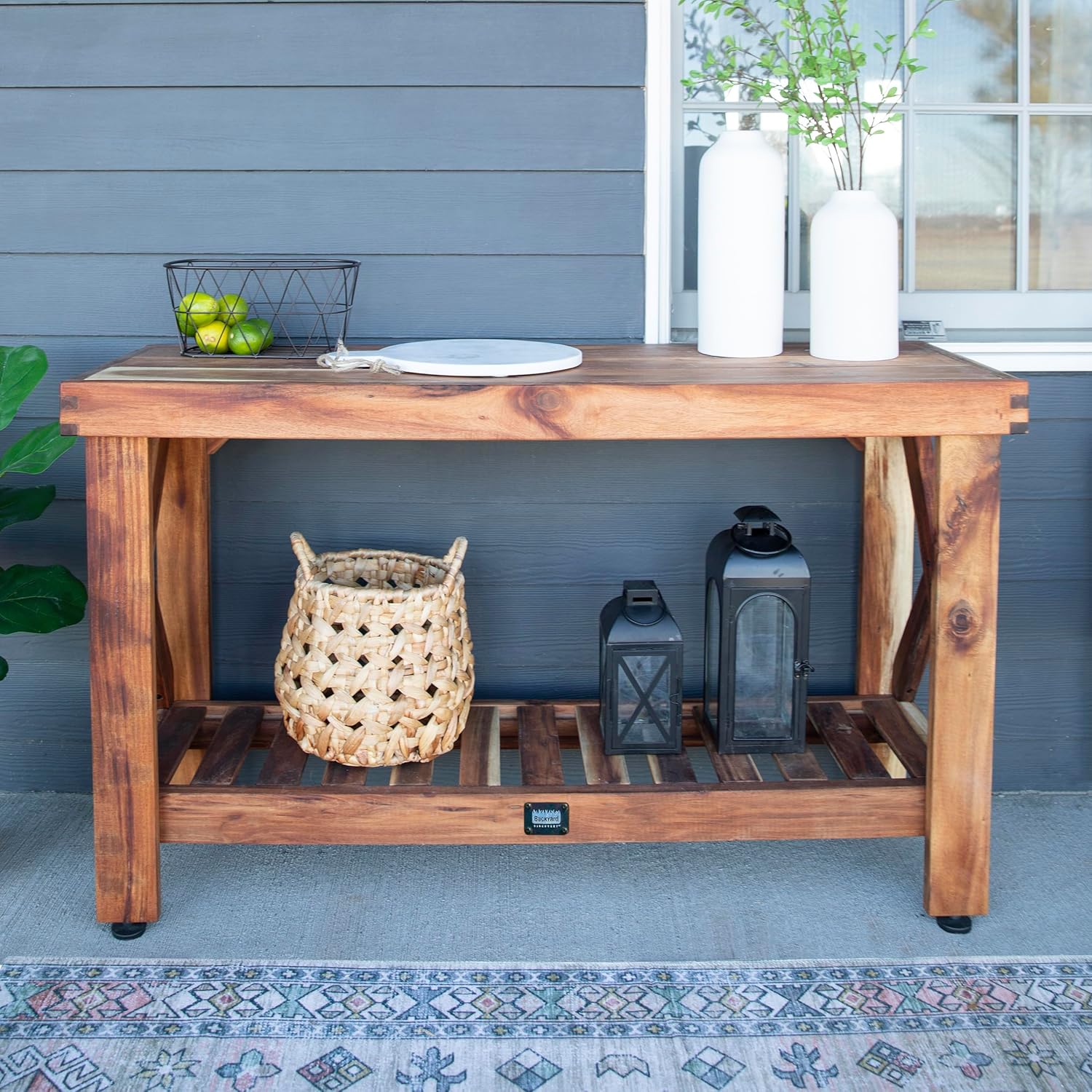 Backyard Discovery 48" Acacia Wood Farmhouse Narrow Console Table with Lower Slat Storage Shelf, Water-Resistant Design for Patio, Deck, Entryway, Living Room, Sofa Table, Indoor or Outdoor Use-VerdiqueGarden