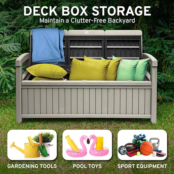 EconoHome 3 Seat Outdoor Storage Bench - 90 Gallon Capacity - Weatherproof Resin Bench for Patio, Porch, Garden, Yard, Pool Area - Furniture for Pool Accessories, Gardening Tools, Toys-VerdiqueGarden