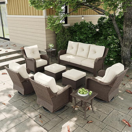 9 Pieces Outdoor Patio Furniture Sets with Rocking Swivel Chairs with 6-inch Thick Cushion and Side Table for Deck Lawn-VerdiqueGarden