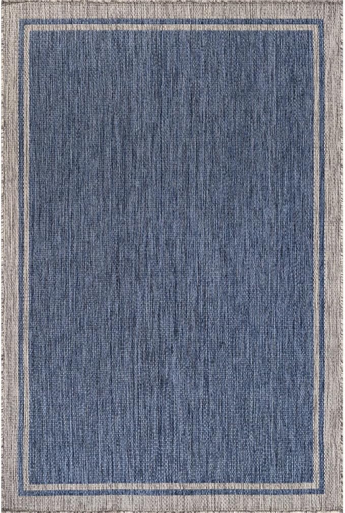 CAMILSON Outdoor Rug, 9x12 Bordered Navy Blue Gray Modern Large Area Rugs for Indoor and Outdoor Patios, Porches Waterproof Washable Porch Deck Outside Carpet (Bordered Navy, 9 x 12)-VerdiqueGarden