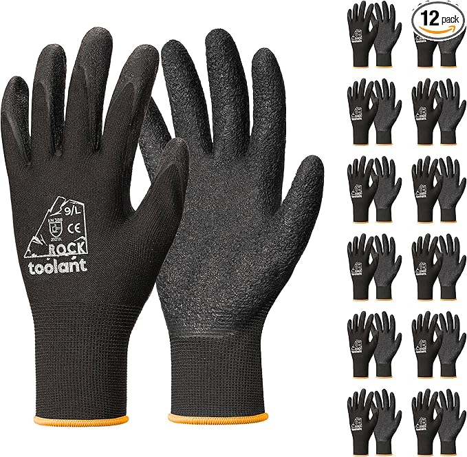 toolant Crinkle Latex Work Gloves Bulk, Rubber Coated Safety Work Gloves for Men and Women, 12 Pairs for Construction, Gardening, Warehouse (Black, Large)-VerdiqueGarden