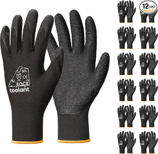 toolant Crinkle Latex Work Gloves Bulk, Rubber Coated Safety Work Gloves for Men and Women, 12 Pairs for Construction, Gardening, Warehouse (Black, Large)-VerdiqueGarden