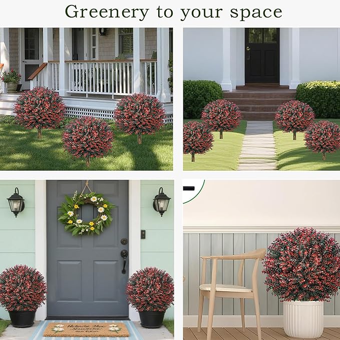 Fall Artificial Boxwood Topiary Ball Tree Bushes with Ground Spike, Set of 2 Outdoor Faux Shrub Topiary Ball, 24" UV Resistant Fake Boxwood Plants for Potted Planter,Indoor,Autumn-VerdiqueGarden