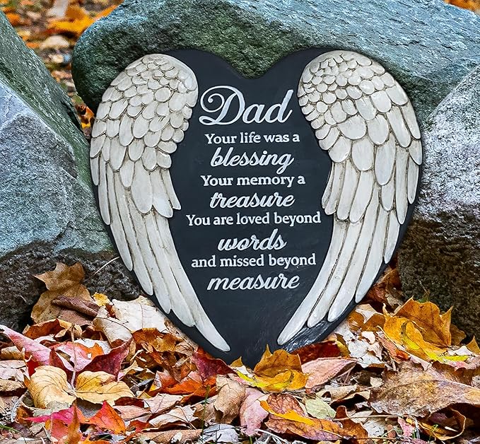 Dad Memorial Garden Stone, Dad Stepping Garden Memorial Stone, in Memory of Dad Stones Gifts for Loss of Father, Loss of Dad, Father Memorial Angel Wings Heart Stone TNS13-VerdiqueGarden