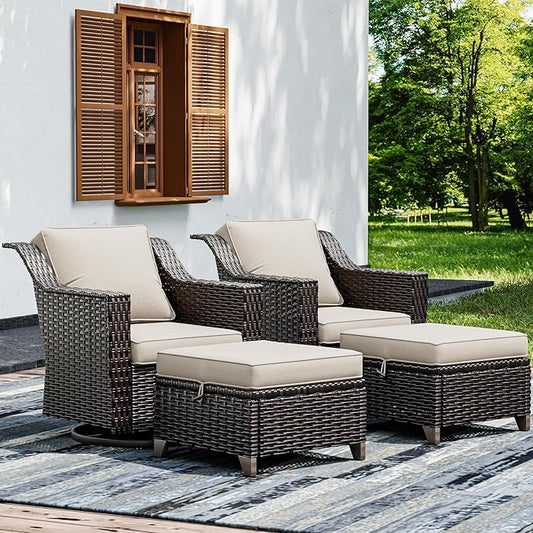 Joyside Wicker Patio Furniture Sets, 4 Pieces Upgraded Large Size Outdoor Furniture with Swivel Rocking Patio Chairs and Outdoor Ottoman, Thick Cushions, Wide Armrest-VerdiqueGarden