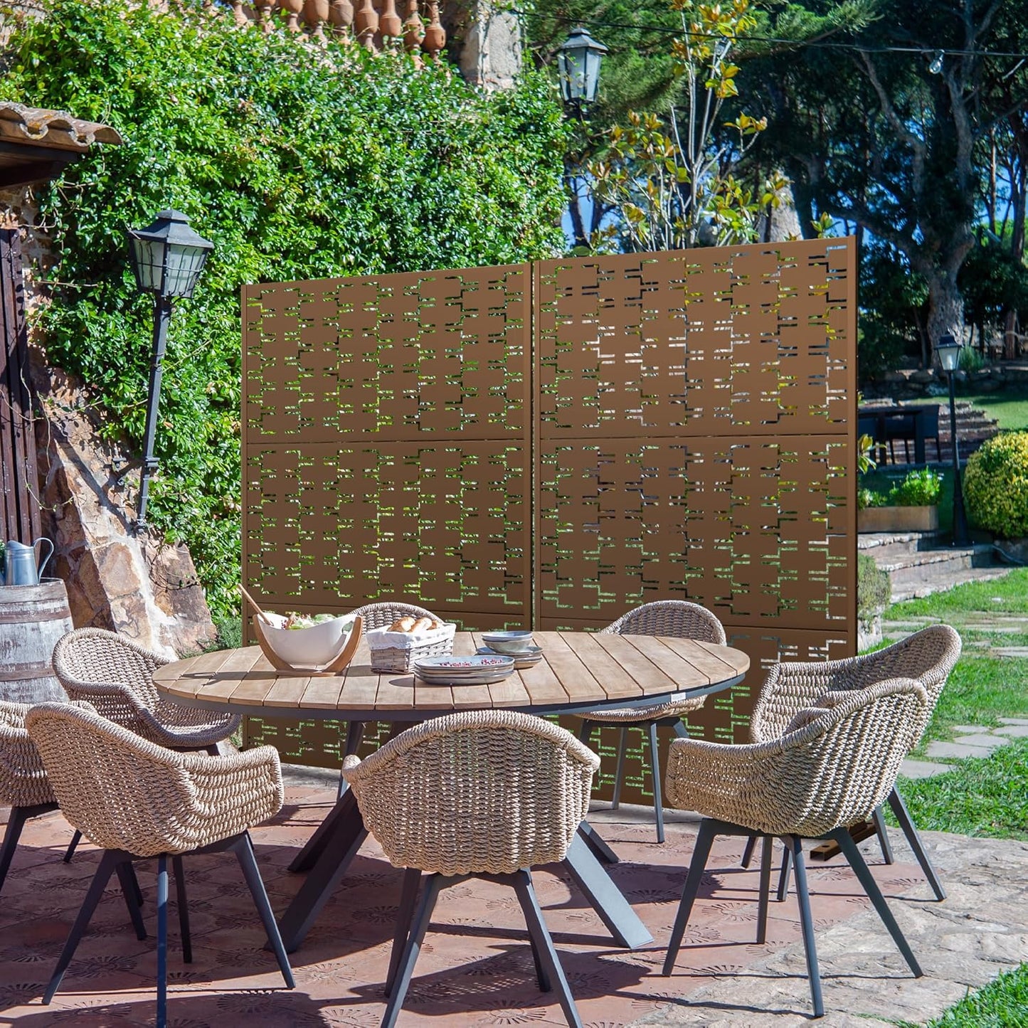 Metal Privacy Screen Outdoor 72" H×47" W,Freestanding Decorative Privacy Screen for Balcony Yard&Garden,Privacy Fence-Brown&Brick-VerdiqueGarden