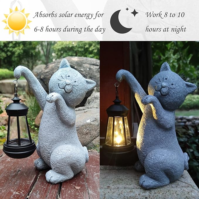 Cat Solar Garden Statues,Resin Cat Figurine Decorations with Solar Lights Lantern, Outdoor，Statue Decor Art for Lawn,Yard,Unique Housewarming Gift for Garden Home-VerdiqueGarden